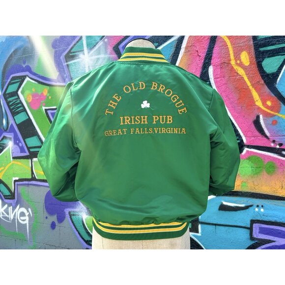 THE OLD BROGUE Irish Pub Vintage Bomber Jacket Size Medium - Green And Yellow - Picture 1 of 10